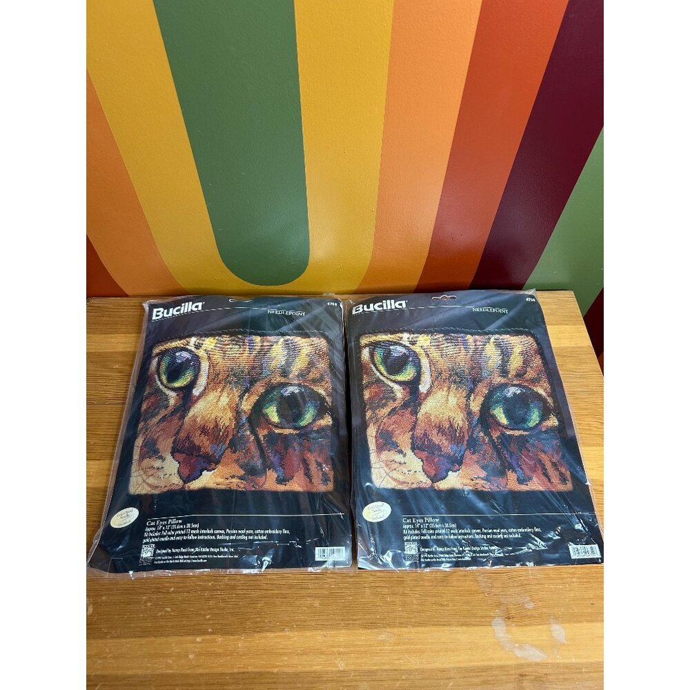 Bucilla needlepoint cat kitty cat eye pillow designed by Nancy Rossi pillow kit